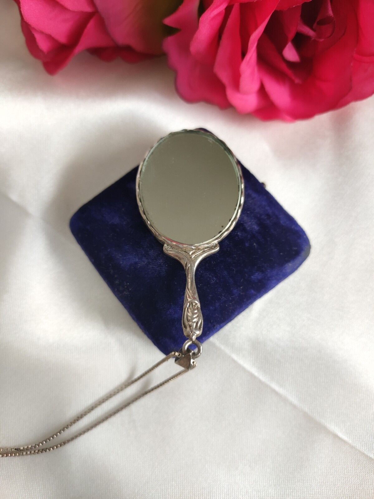 Antique Sterling Silver Chatelaine Hand mirror Pendant & Chain