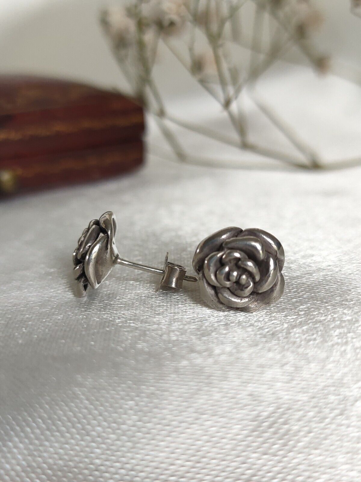 Vintage 925 Sterling Silver Rose Flower Stud Earrings