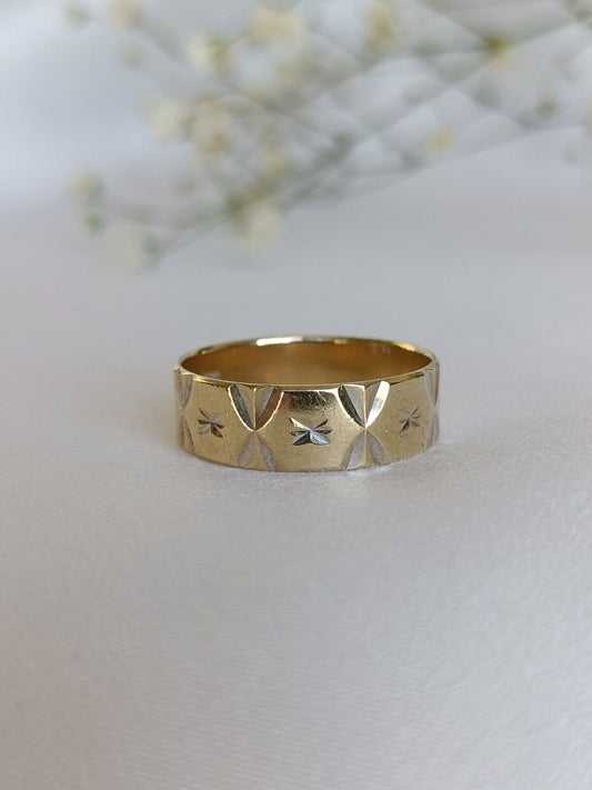 Vintage RSF 9ct Gold Detailed Wide Band Ring Size 7 1/4 US Or N 1/2 UK