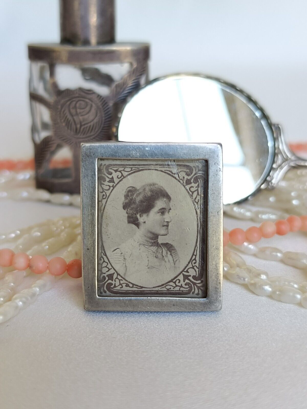 Antique 1899 Miniature Sterling Silver Photo Frame & Sticky Back Portrait Stamp