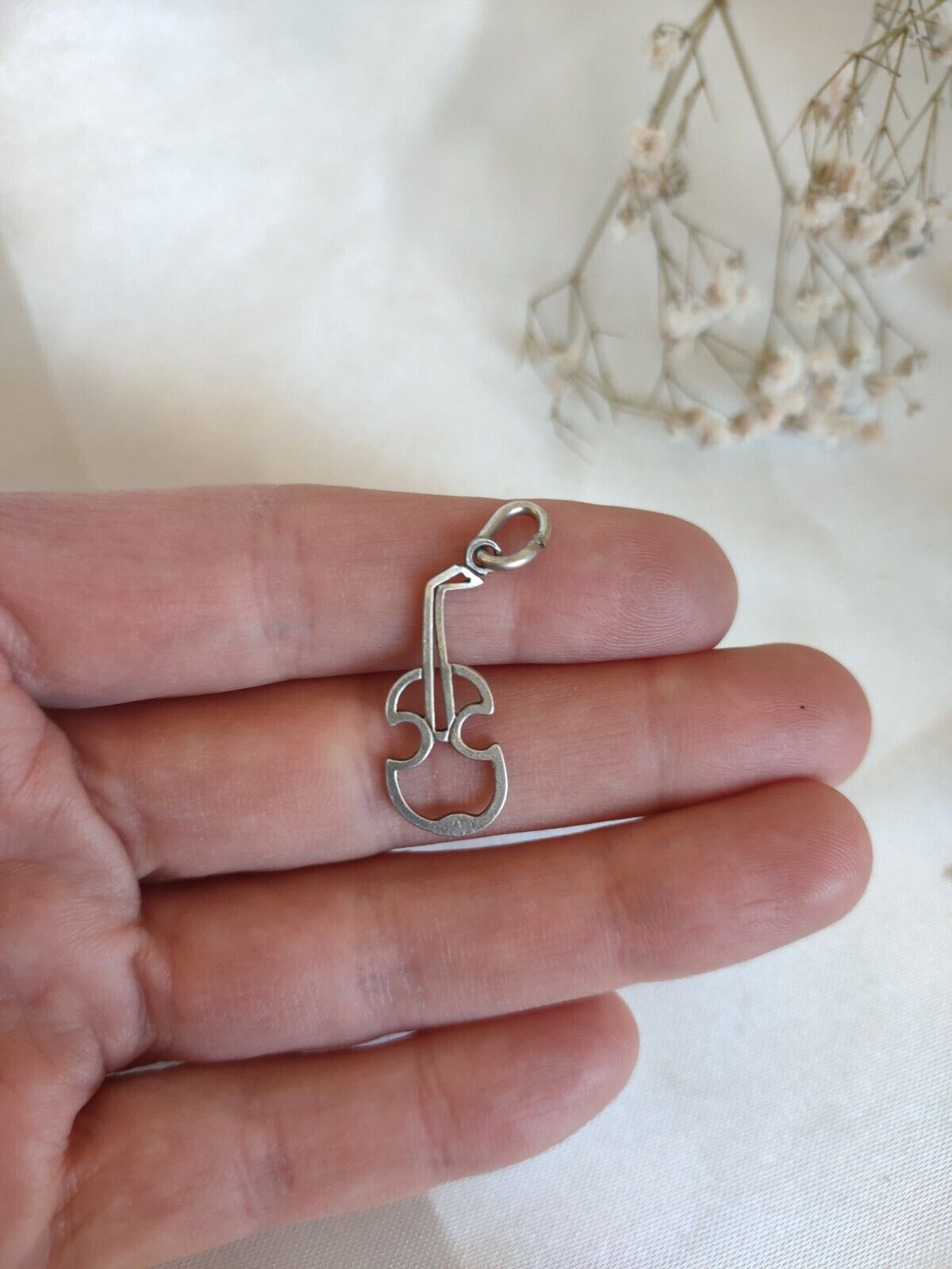 Vintage 925 Sterling Silver Violin Instrument Charm Or Pendant