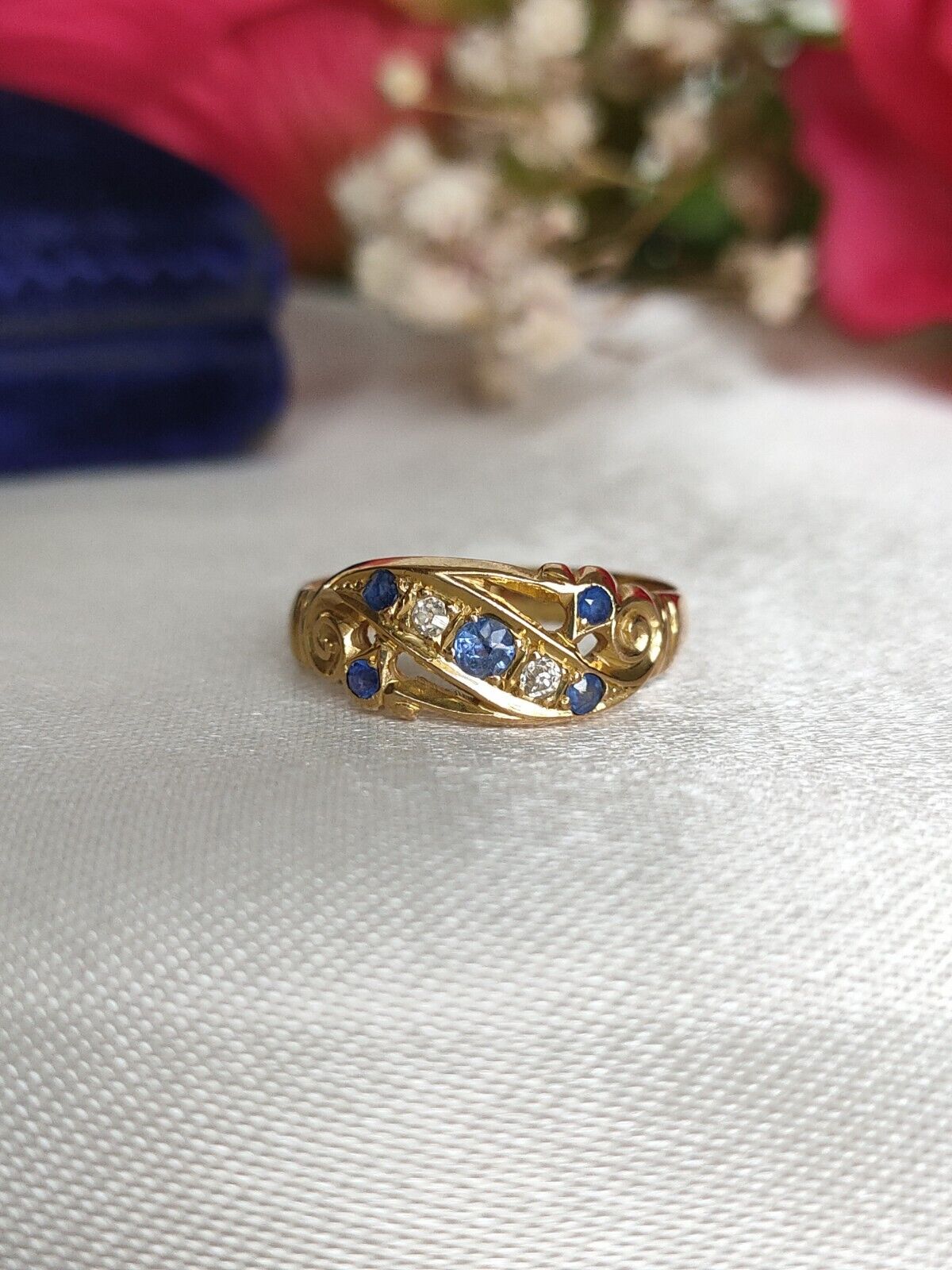 Antique chester 1919 18ct  Gold  ceylon Sapphire & Diamond Dress Ring Size 7 1/2 Or O