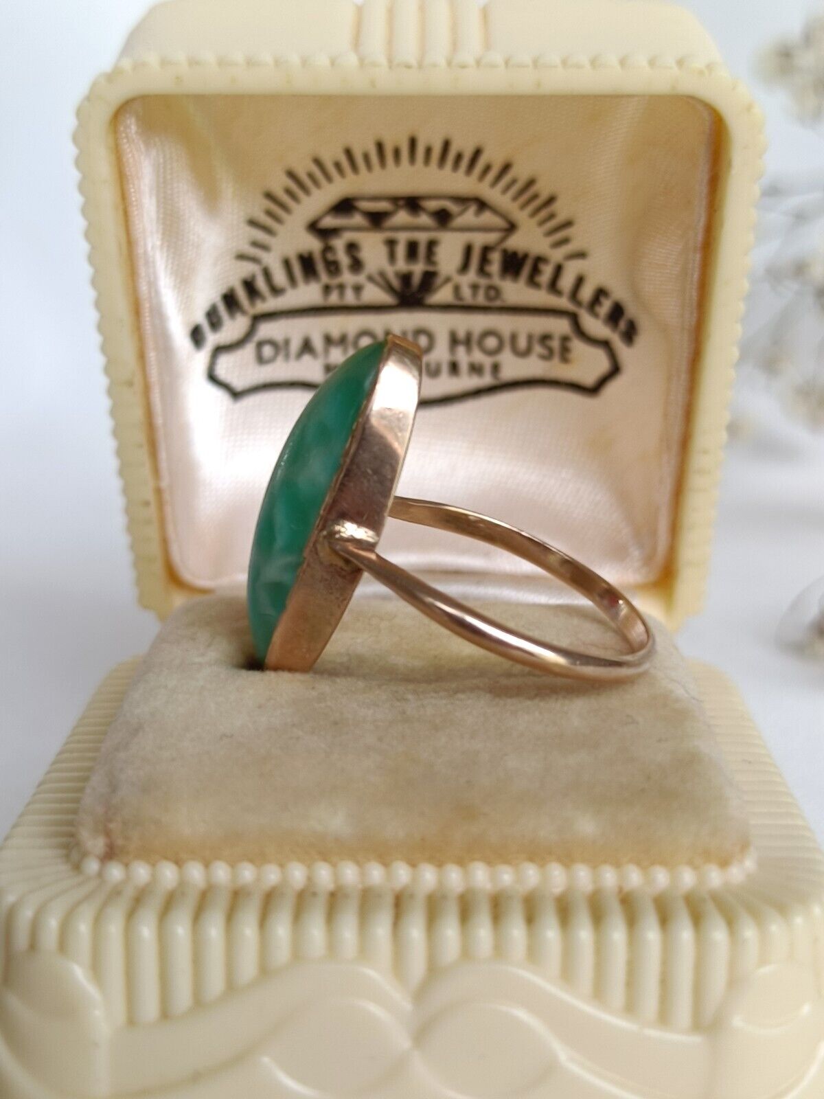 Antique Australian 9ct Gold & Amazonite Navette Ring By William Drummond & Co