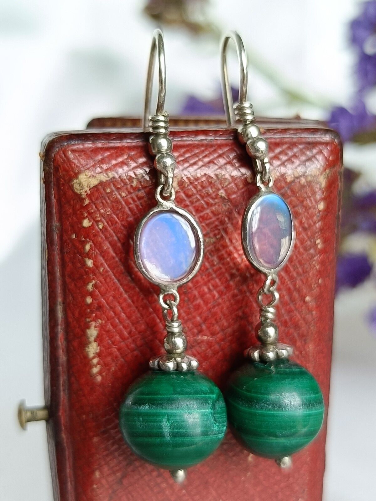 Vintage Sterling Silver Moonstone & Malachite Hook Drop Earrings