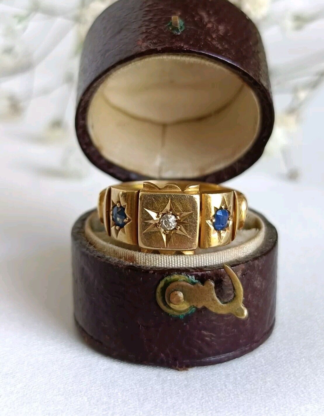 Antique 1901 18ct Gold Chester Assayed Diamond & Sapphire Flush Star Set Ring