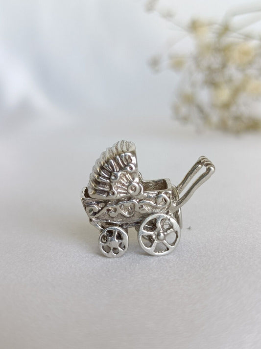 Vintage 925 Sterling Silver Articulated Baby Pram Charm Or Pendant