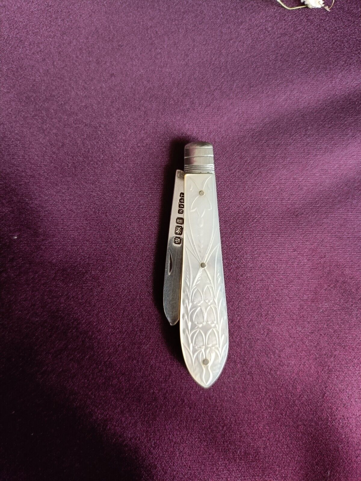 Antique 1899 Sterling Silver & Mother Of Pearl Folding Fruit Knife