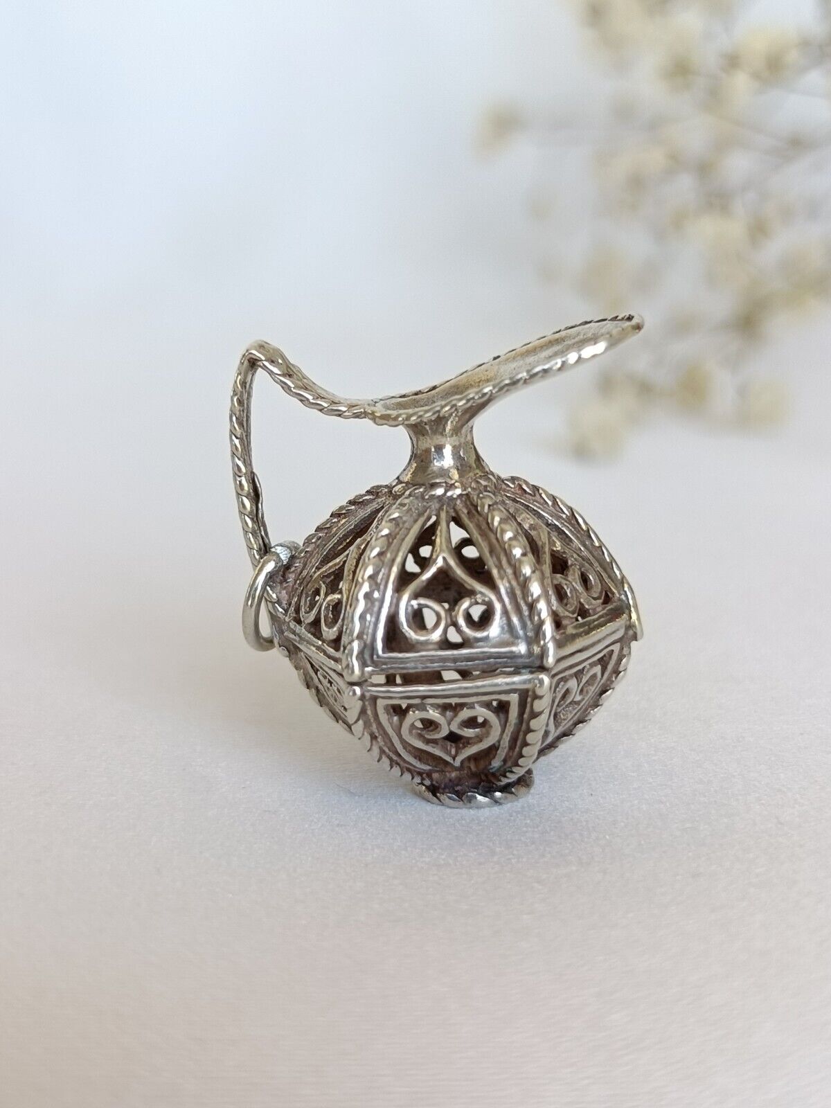 Vintage Sterling Silver Filigree Pitcher Jug Charm Or Pendant