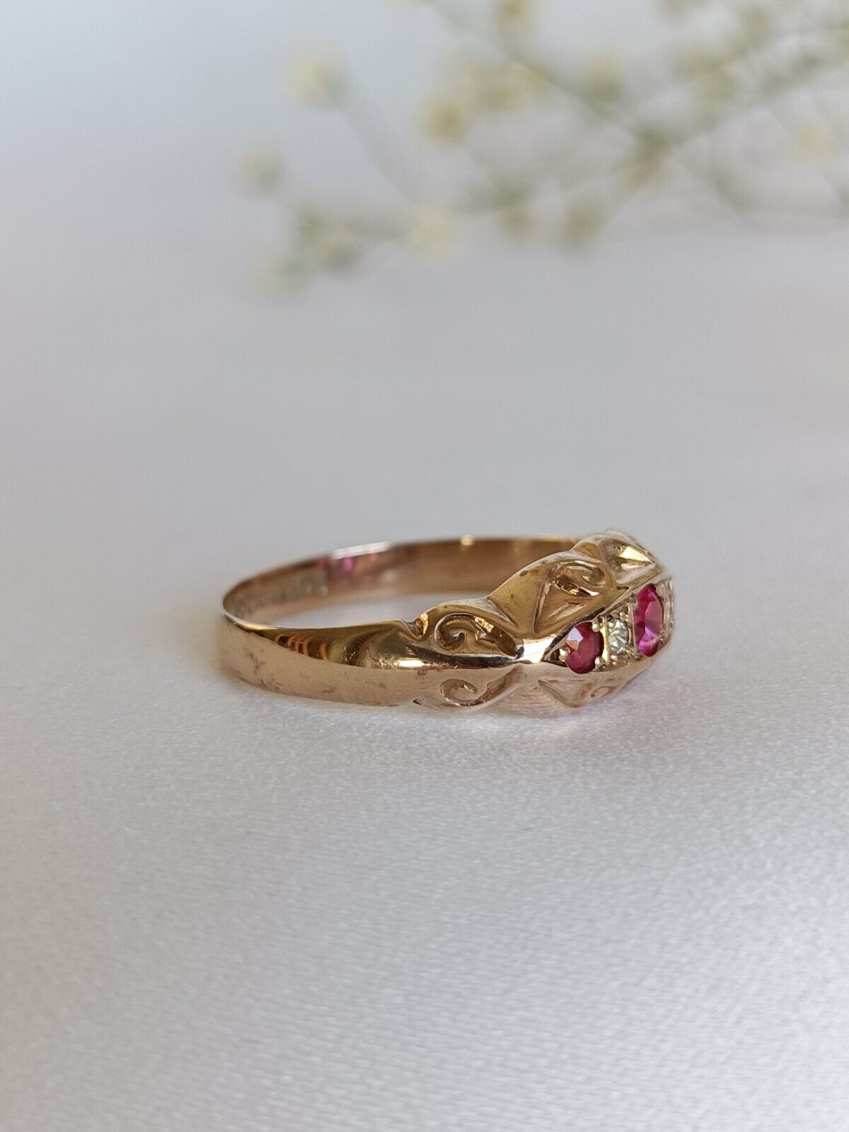 Antique Edwardian Chester 1910c Ruby & Diamond Gypsy Boat Ring Size 8 US Or P UK