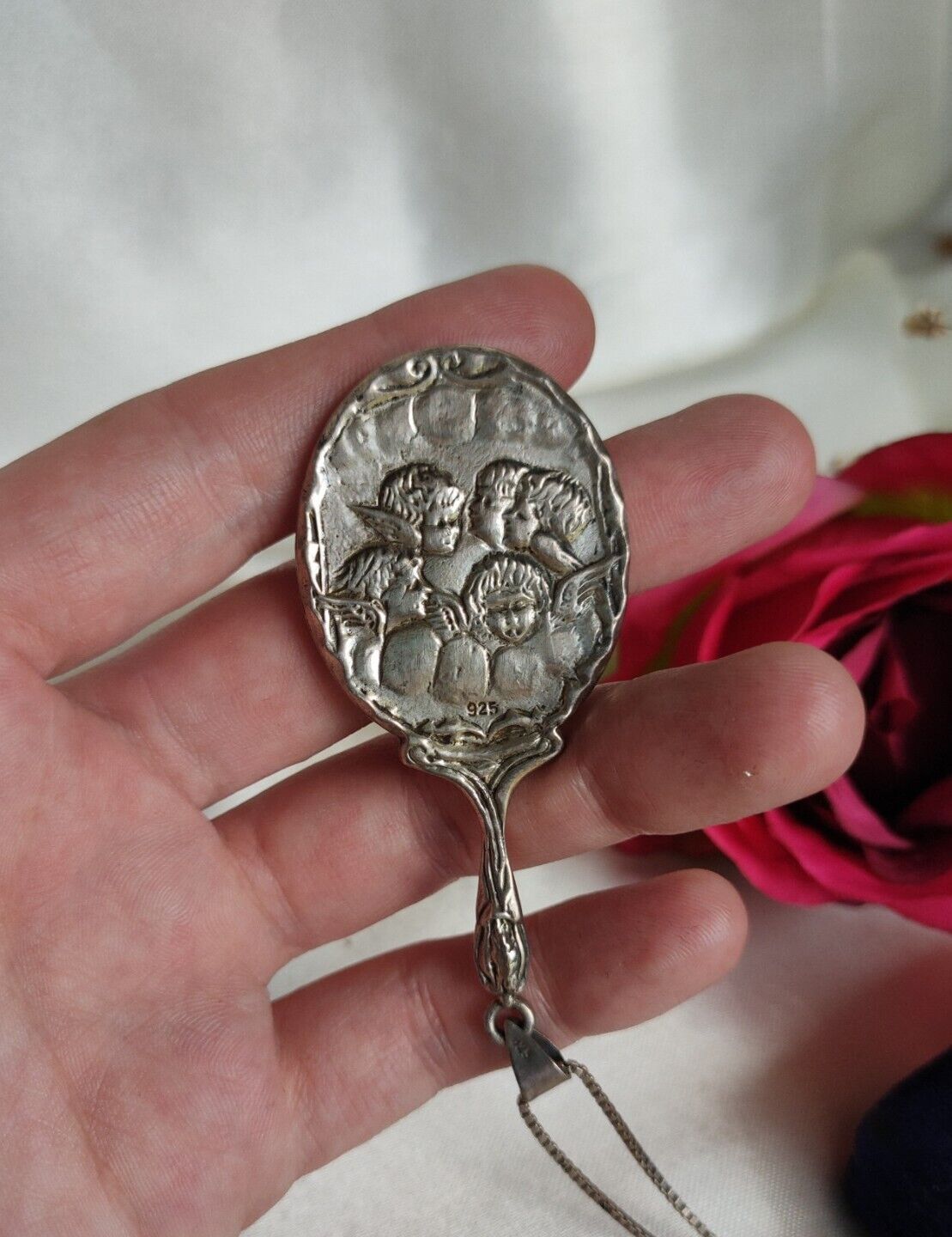 Antique Sterling Silver Chatelaine Hand mirror Pendant & Chain