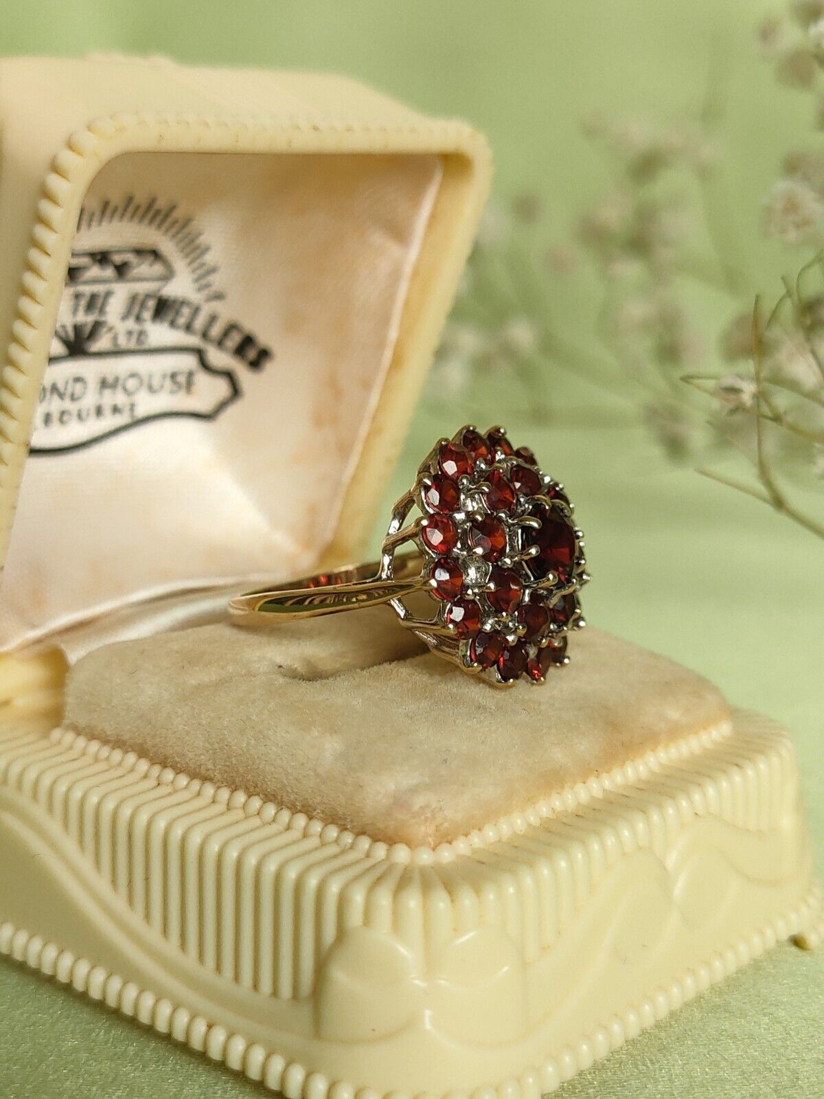 Vintage 1990 9ct Yellow Gold Almandine Garnet Bohemian Cluster Ring Size 7 1/4