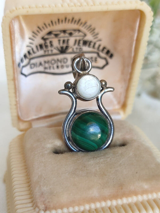 Vintage 925 Sterling Silver Malachite & Selenite Pendant