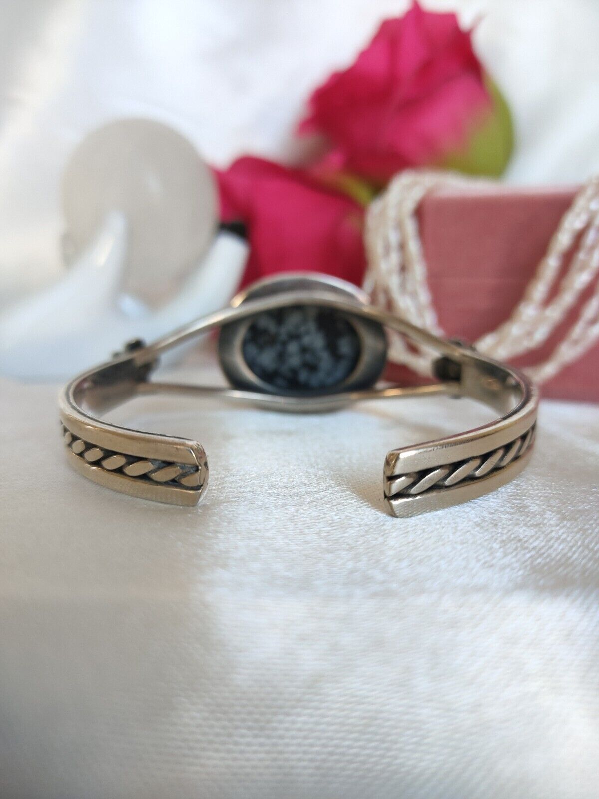 Beautiful Heavy Sterling Silver & Snowflake Obsidian Cuff Bangle Bracelet