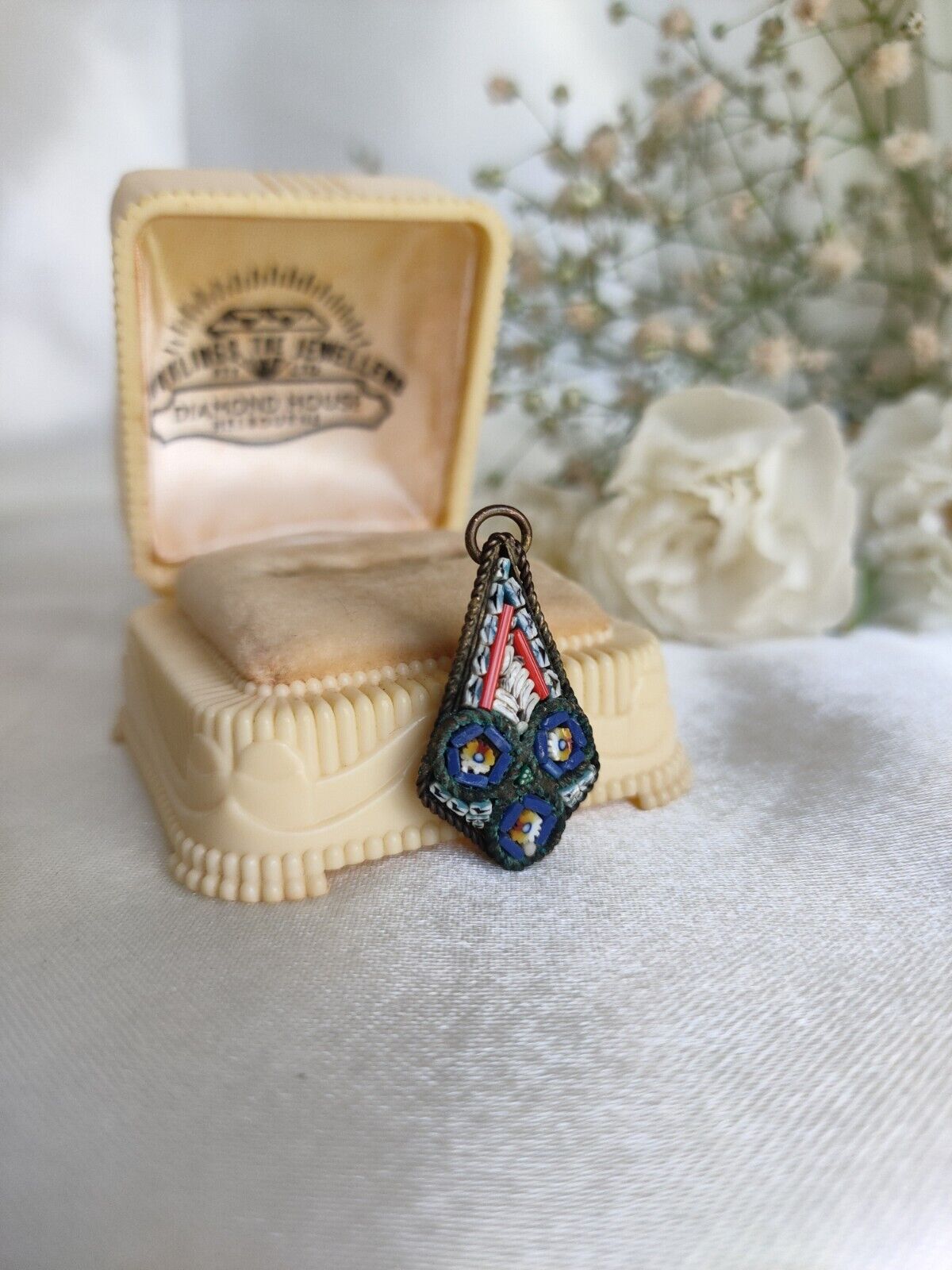 Antique Vintage Millefiori Micro Mosaic Brass Pendant