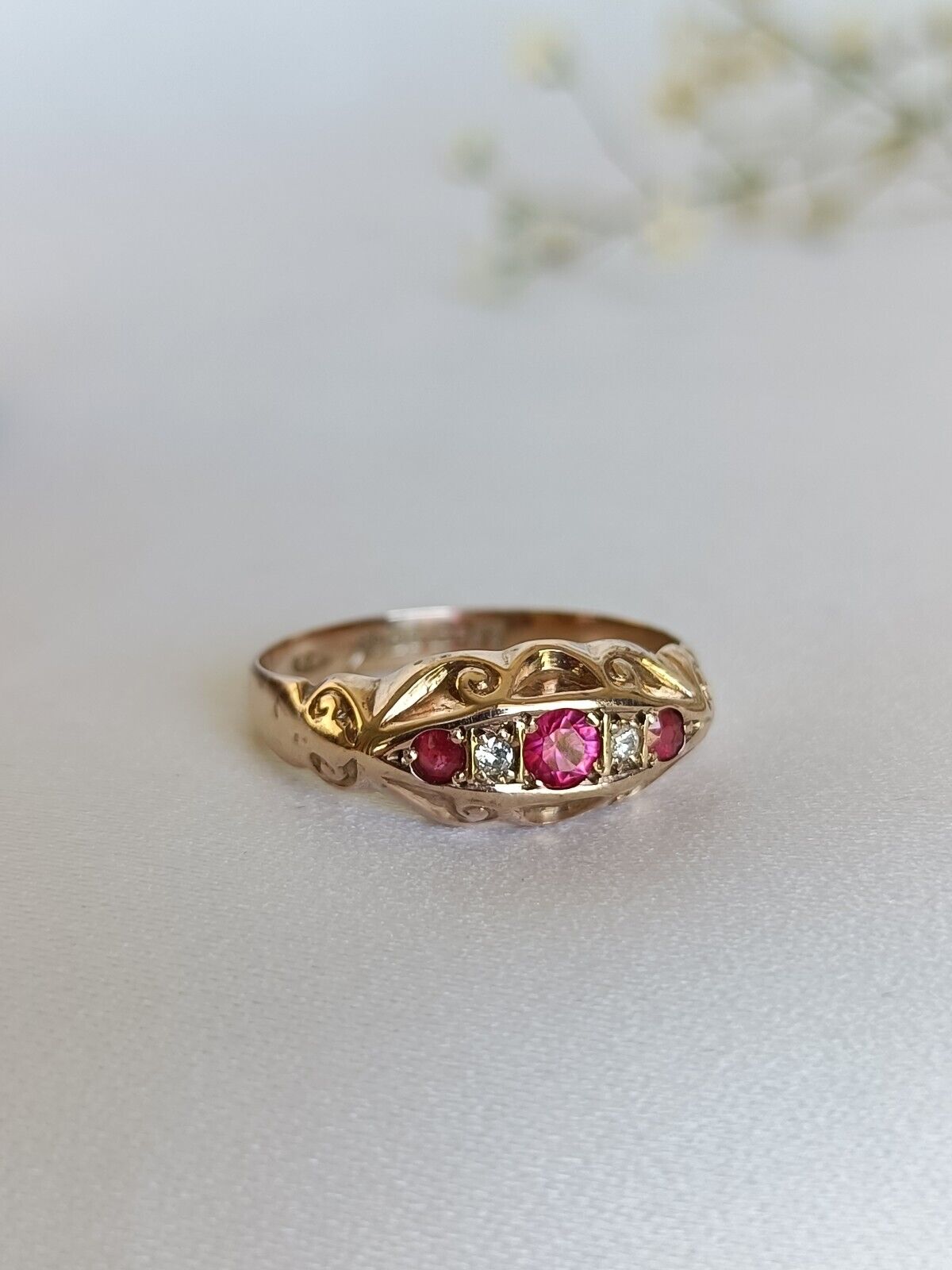 Antique Edwardian Chester 1910c Ruby & Diamond Gypsy Boat Ring Size 8 US Or P UK