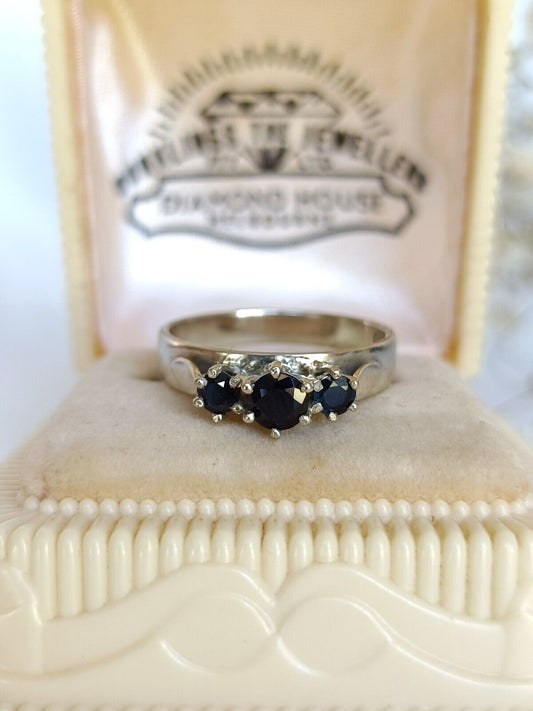 Vintage 9ct White Gold & Dark Blue Sapphire Trilogy Ring Size 5 1/2 US Or K Uk