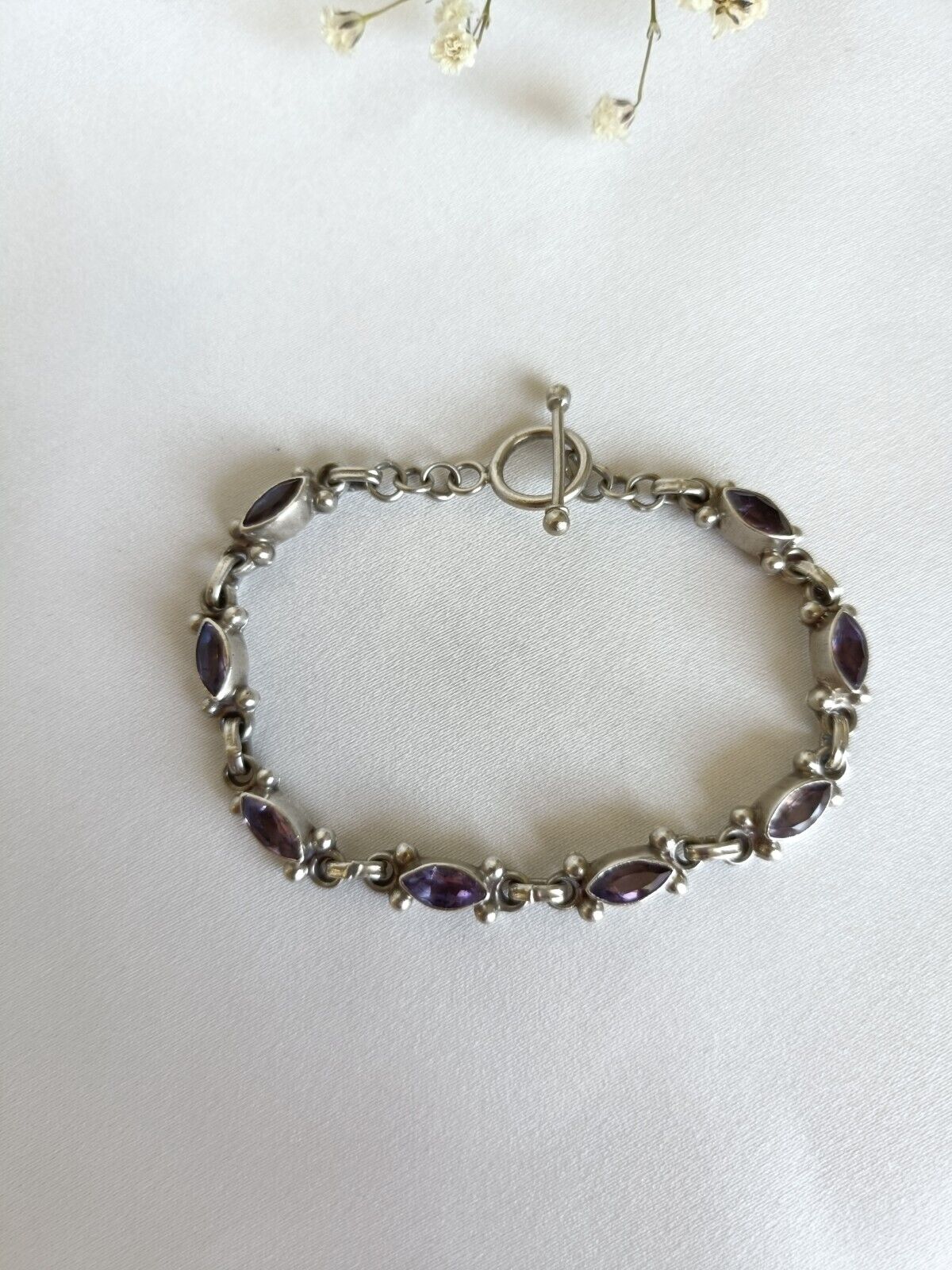 Vintage 925 Sterling Silver & Amethyst Toggle Bracelet 19cm