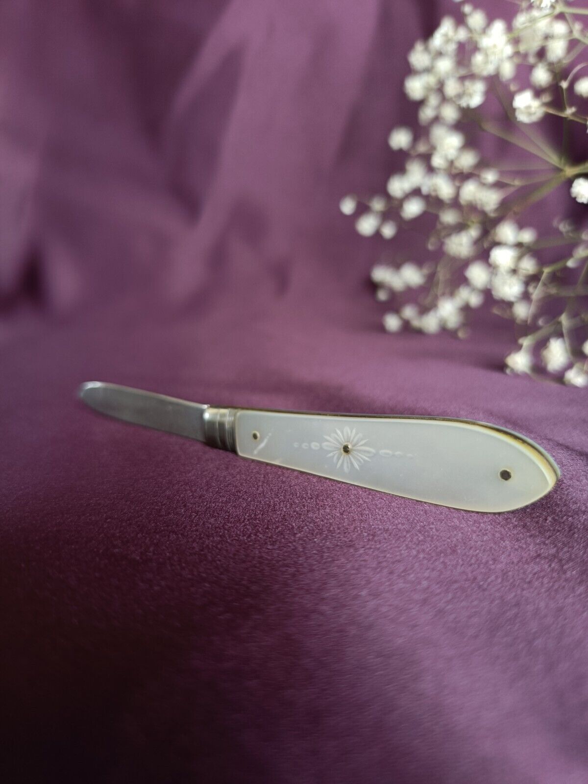 Antique 1899 Sterling Silver & Mother Of Pearl Folding Fruit Knife