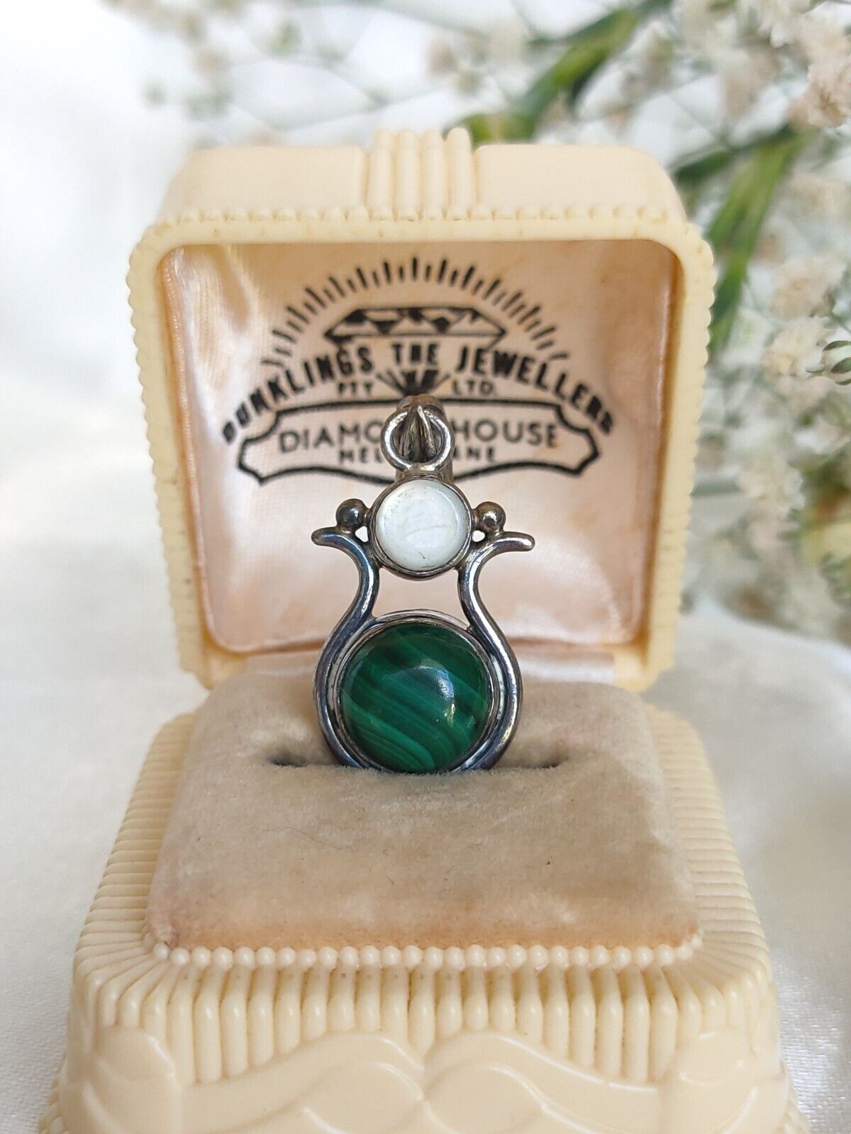 Vintage 925 Sterling Silver Malachite & Selenite Pendant