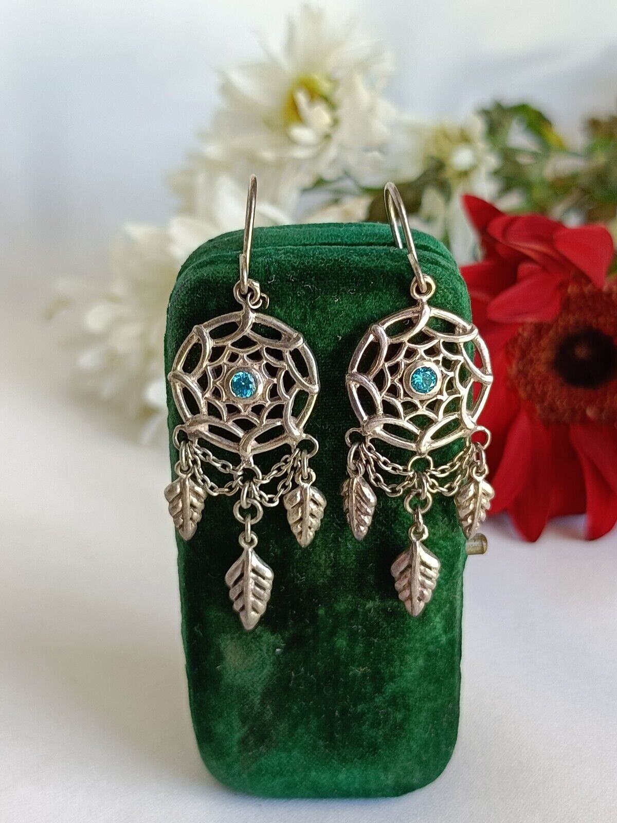 Pretty 925 Sterling Silver & Blue Stone Articulated Dream Catcher Earrings