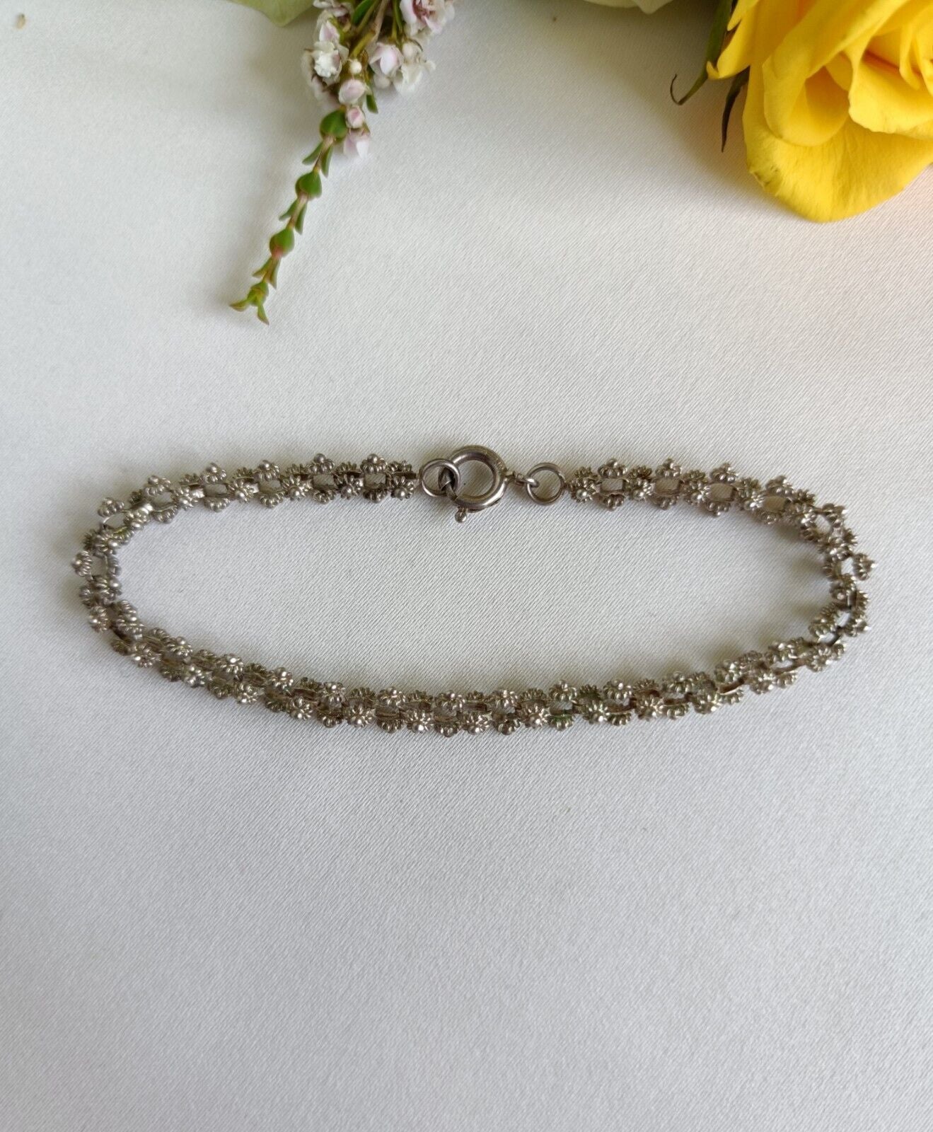 Unique Vintage 925 Sterling Silver Fancy Flower Link Bracelet 17.5cm