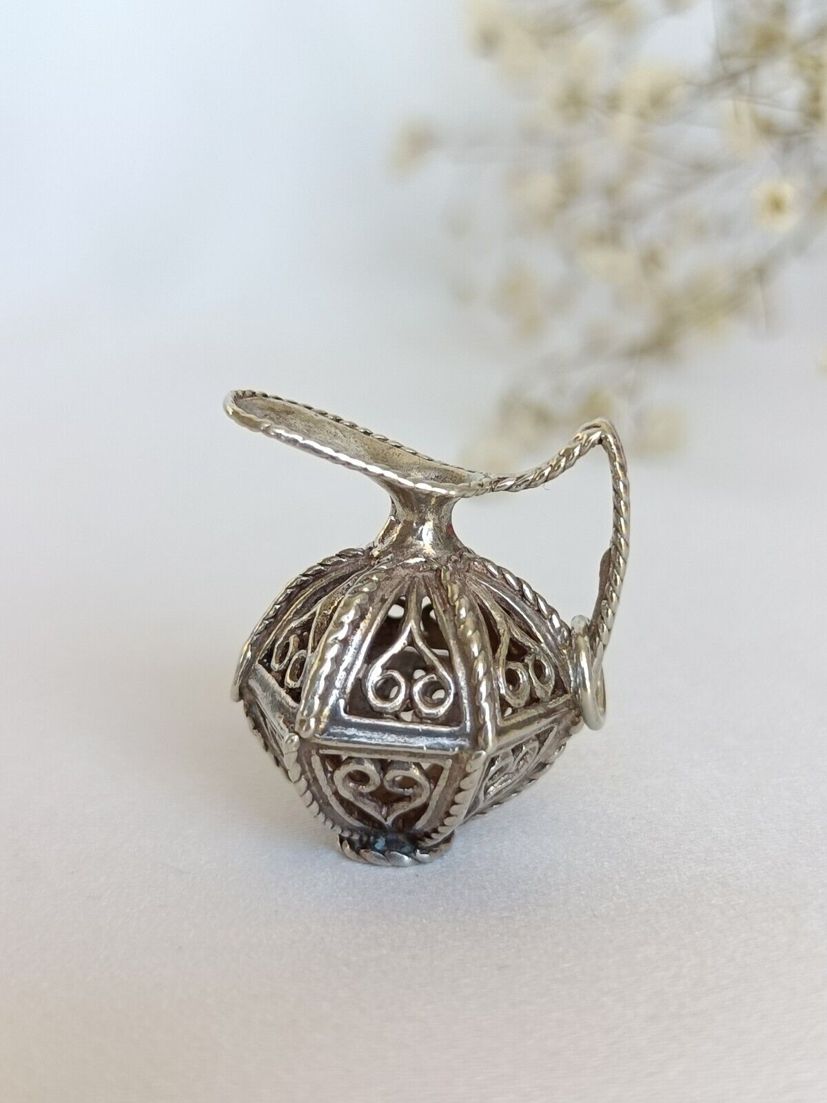 Vintage Sterling Silver Filigree Pitcher Jug Charm Or Pendant