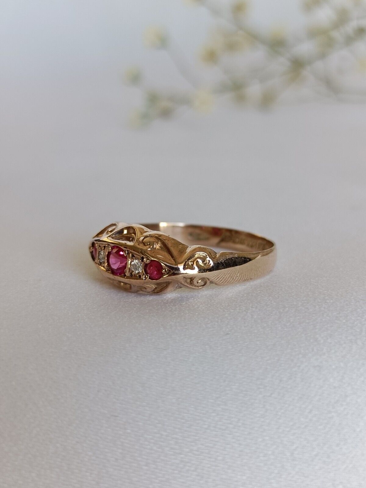 Antique Edwardian Chester 1910c Ruby & Diamond Gypsy Boat Ring Size 8 US Or P UK