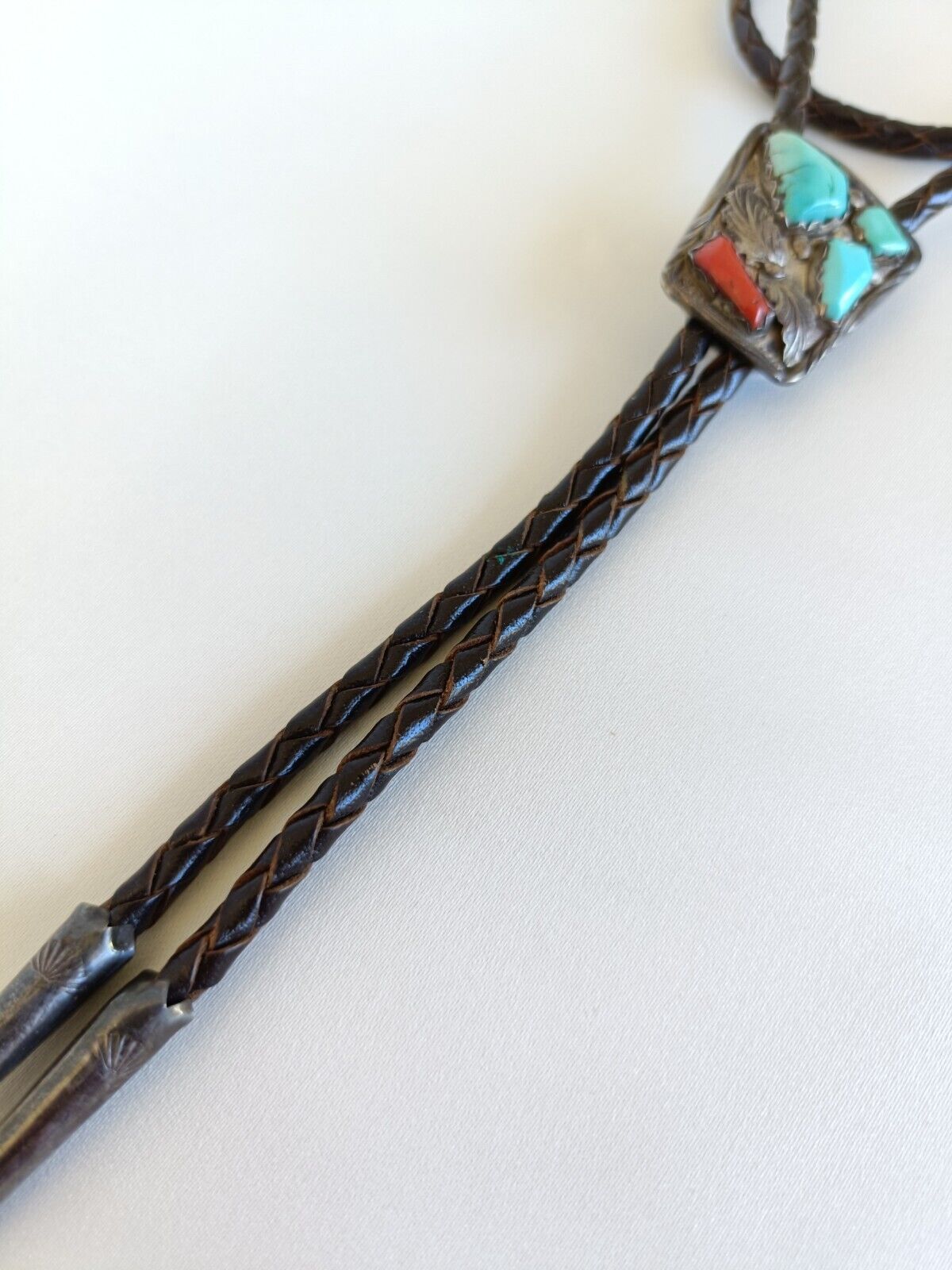 Vintage Navajo Sterling Silver Turquoise & Coral Bolo Tie B&N& NASTACI ...
