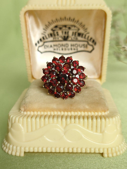 Vintage 1990 9ct Yellow Gold Almandine Garnet Bohemian Cluster Ring Size 7 1/4