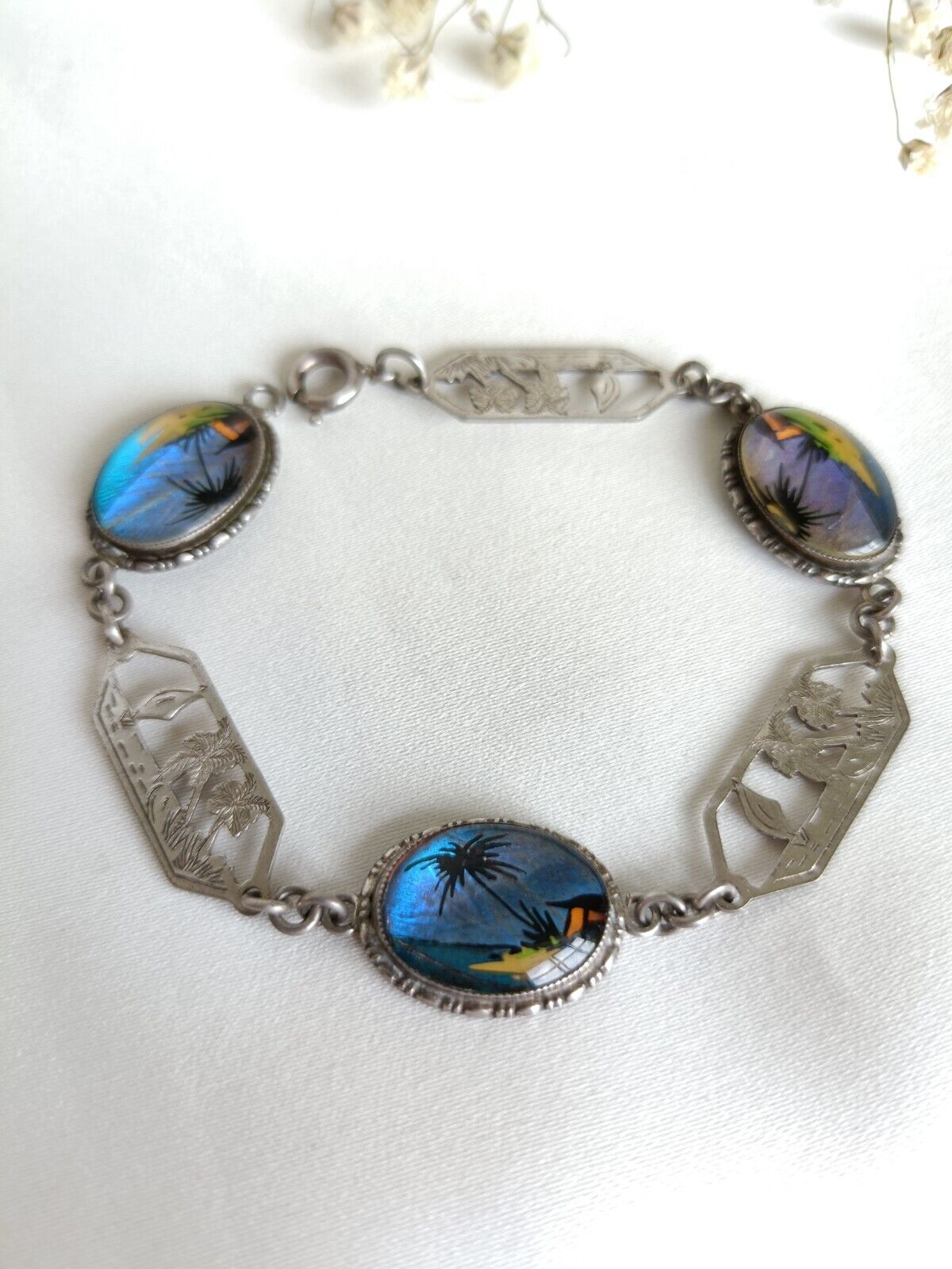 Vintage Thomas L. Mott Sterling Silver & Butterfly Wing Panel Bracelet 18cm