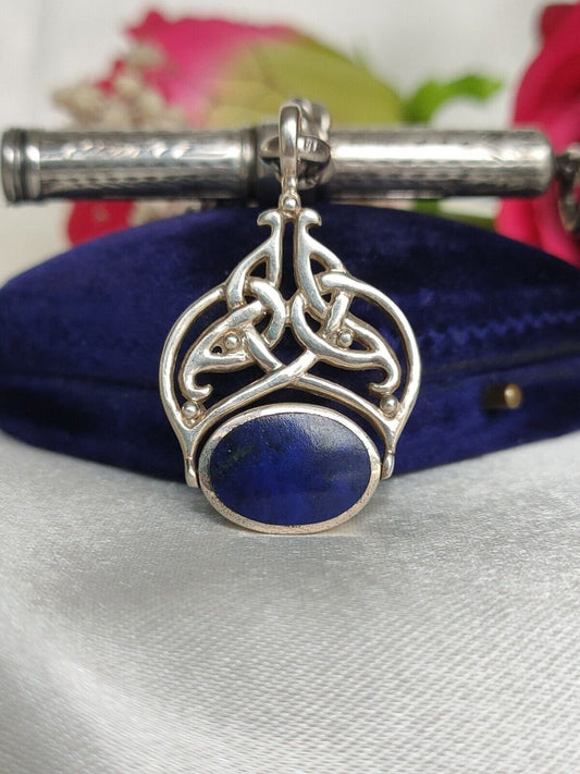 Vintage Irish Made Celtic Knot Design Lapis  Shell Swivel Spinner Fob Pendant