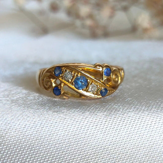 Antique chester 1919 18ct  Gold  ceylon Sapphire & Diamond Dress Ring Size 7 1/2 Or O