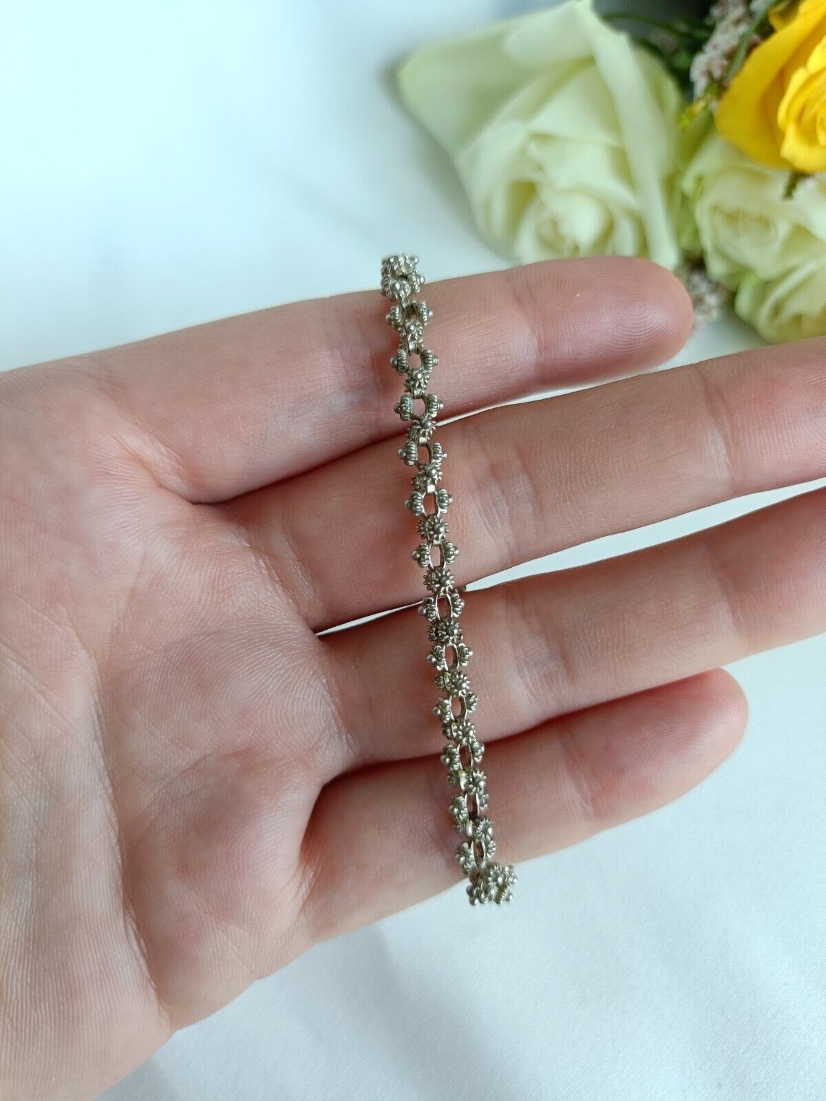 Unique Vintage 925 Sterling Silver Fancy Flower Link Bracelet 17.5cm