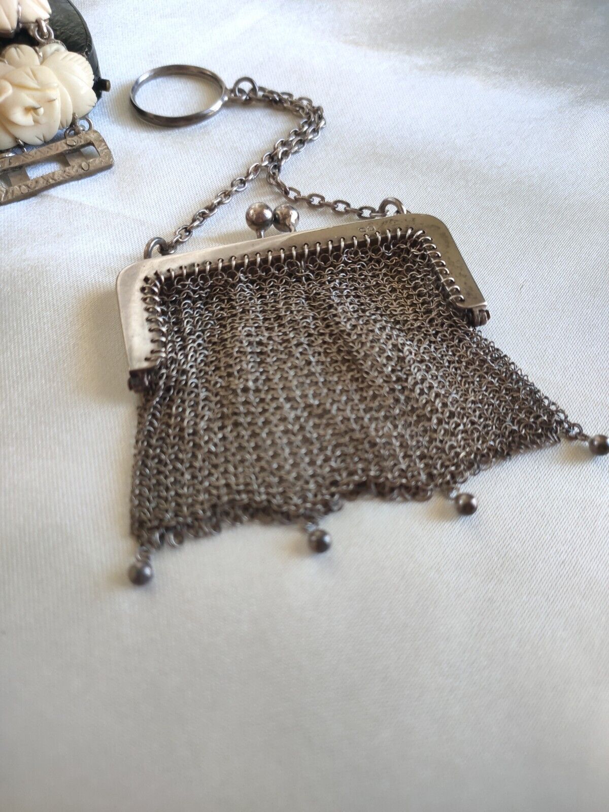 Antique 1917 Chester Chatelaine Chain Mesh Coin Purse Fob