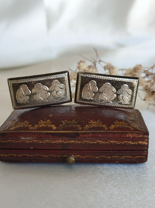 Vintage Oriental 950 sterling silver three wise monkeys Toggle cufflinks