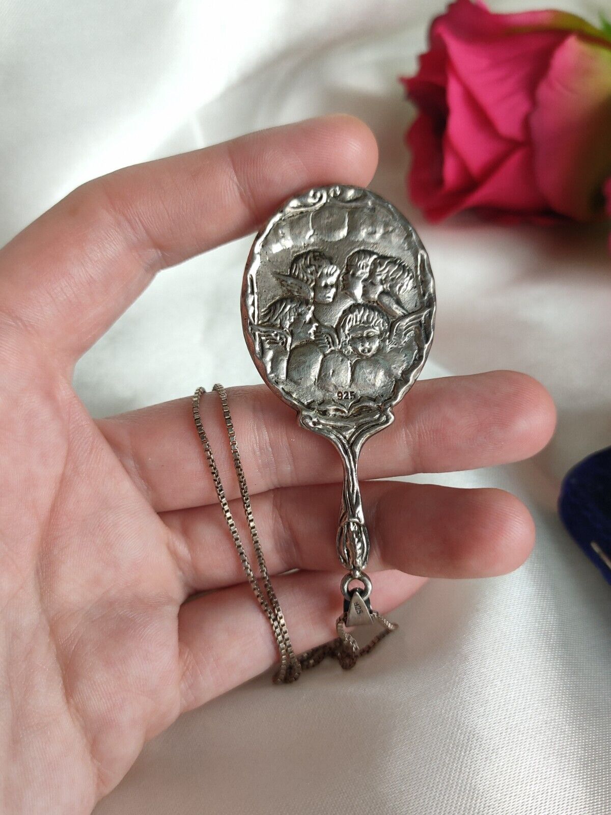 Antique Sterling Silver Chatelaine Hand mirror Pendant & Chain