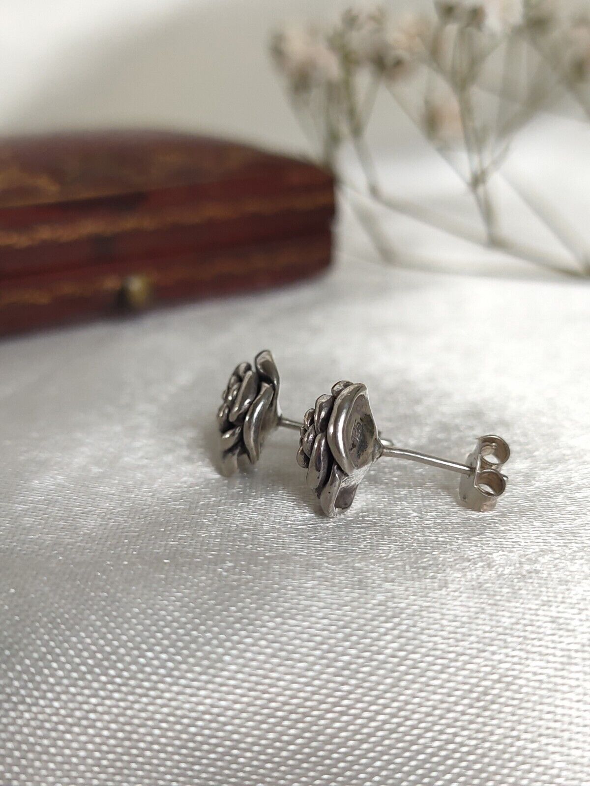 Vintage 925 Sterling Silver Rose Flower Stud Earrings