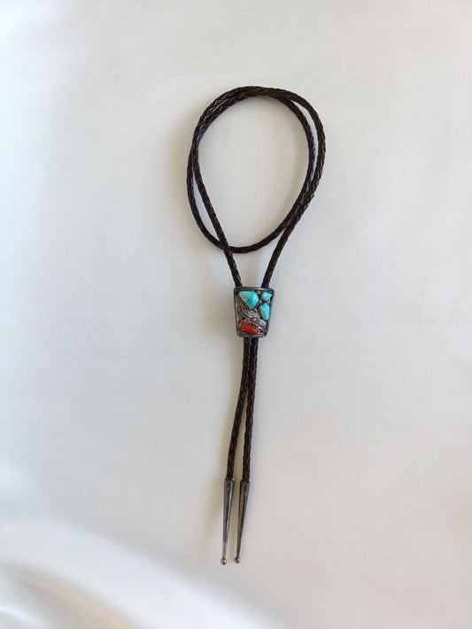 Vintage Navajo Sterling Silver Turquoise & Coral Bolo Tie B&N& NASTACIO