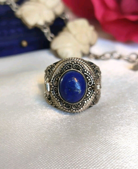 Vintage 925 Sterling Silver Lapis Lazuli Locket Poison Ring Size 8 or P