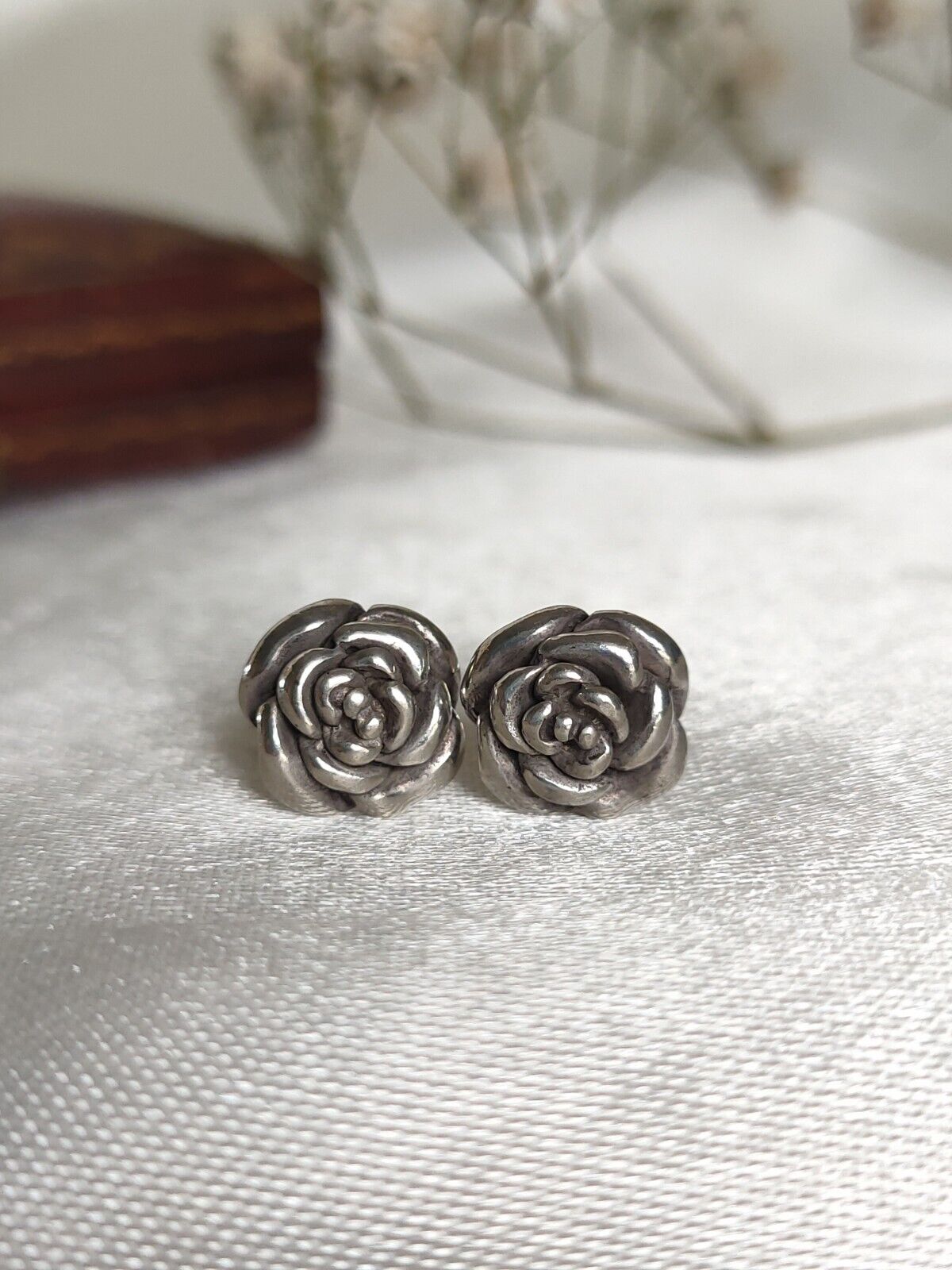 Vintage 925 Sterling Silver Rose Flower Stud Earrings