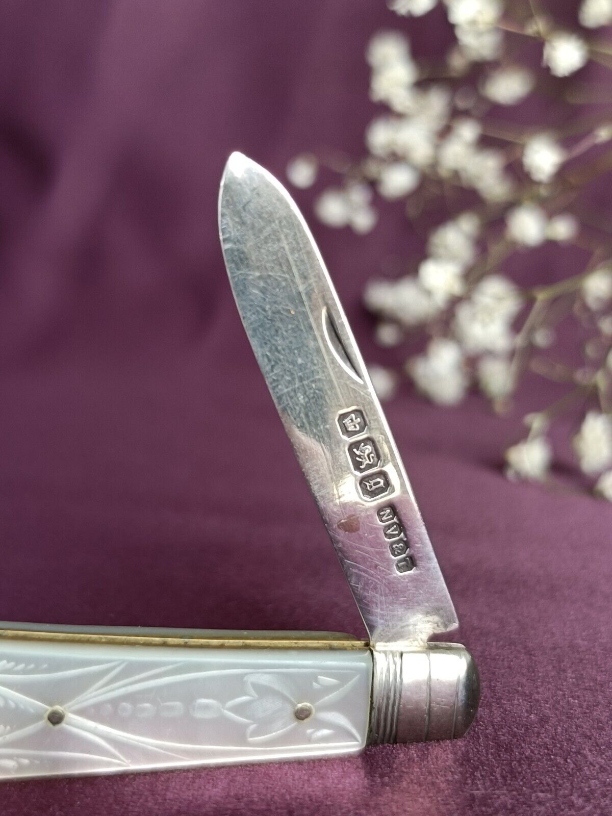 Antique 1899 Sterling Silver & Mother Of Pearl Folding Fruit Knife