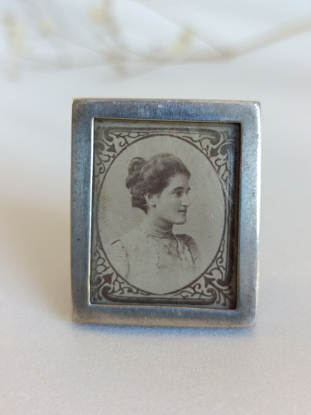 Antique 1899 Miniature Sterling Silver Photo Frame & Sticky Back Portrait Stamp