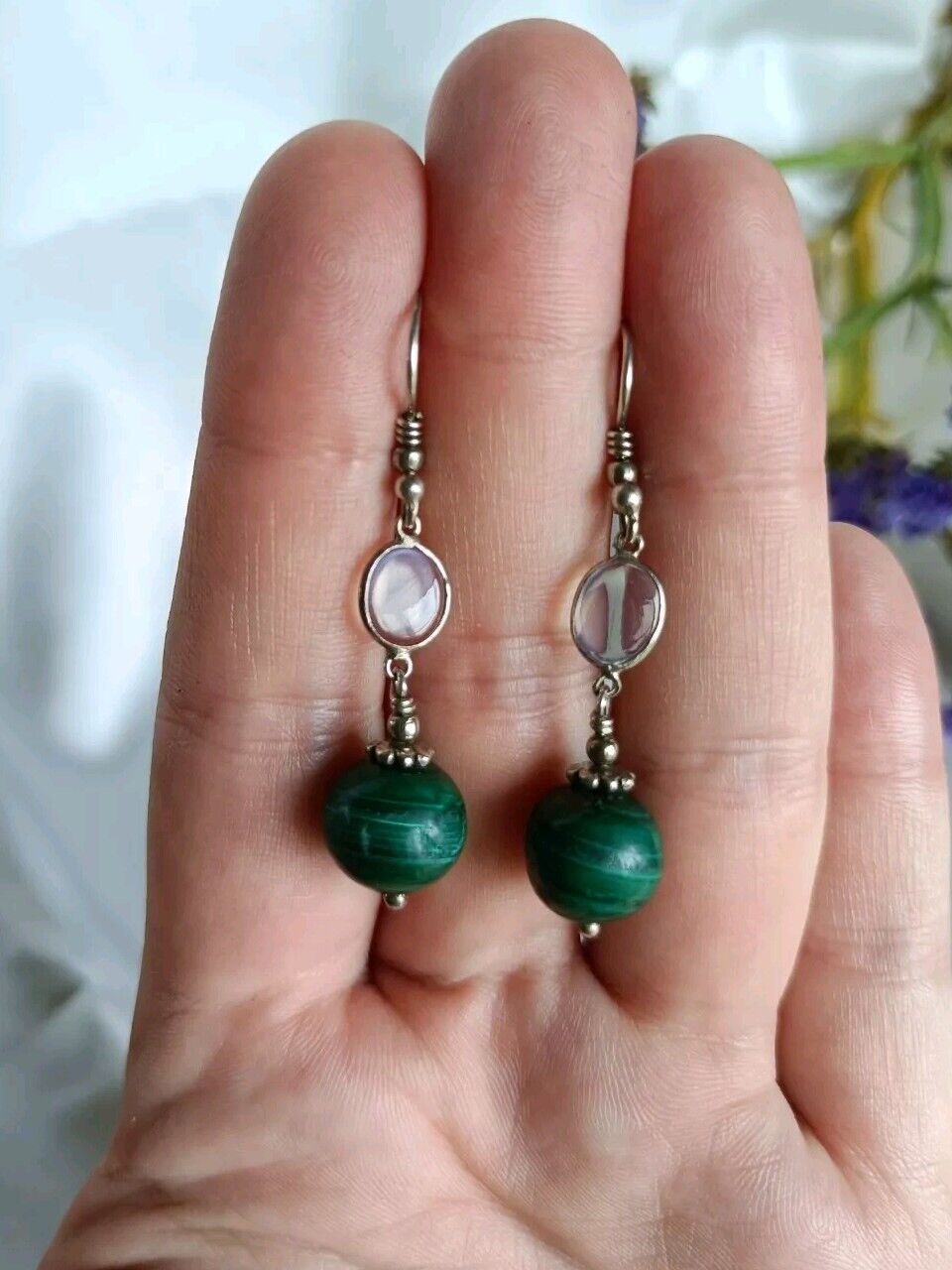 Vintage Sterling Silver Moonstone & Malachite Hook Drop Earrings