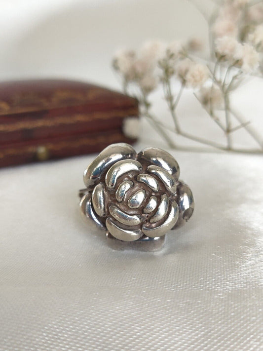 Vintage 925 Sterling Silver Rose Flower Statement Ring Size 8 Or P