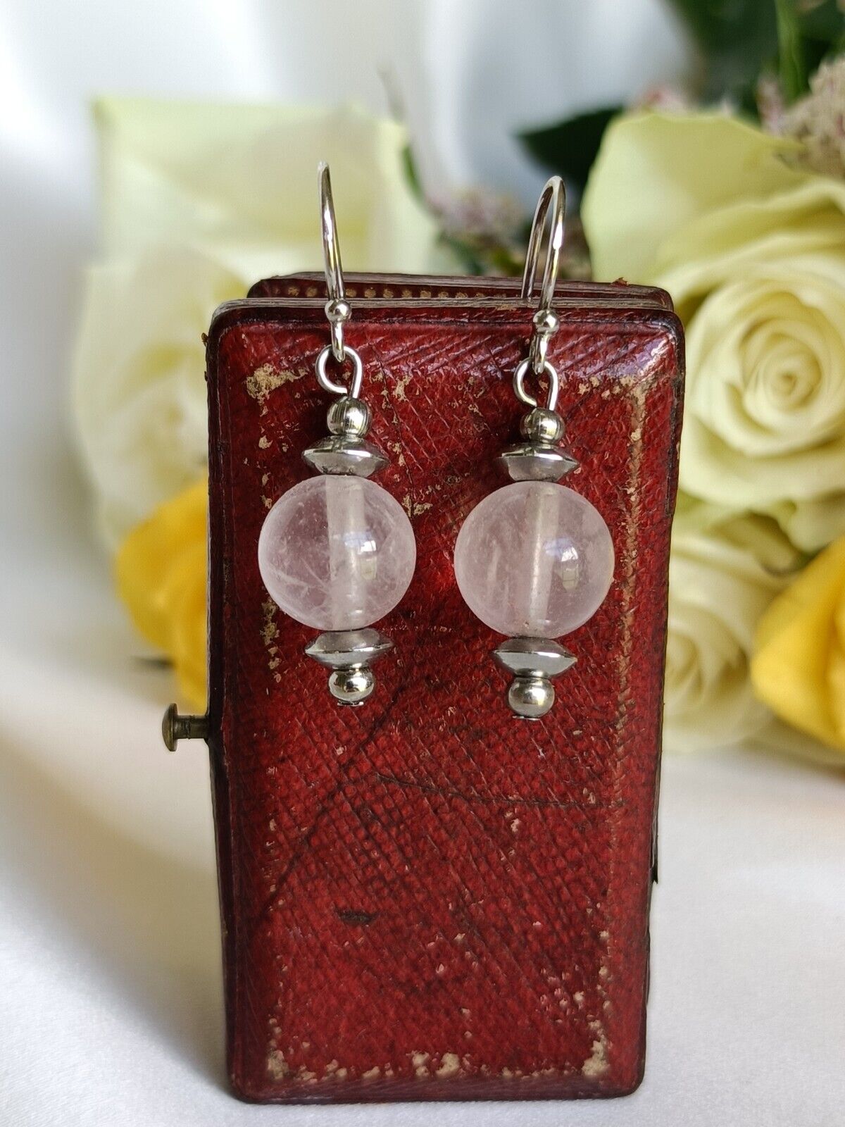 Vintage Sterling Silver & Rose Quartz Dangle Drop Hook Earrings