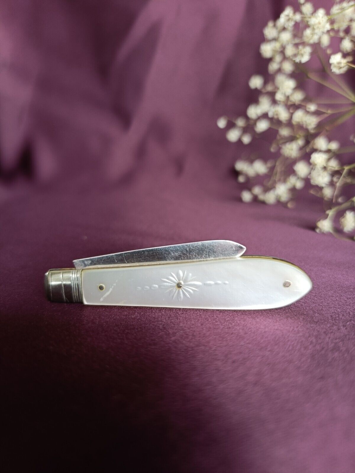 Antique 1899 Sterling Silver & Mother Of Pearl Folding Fruit Knife