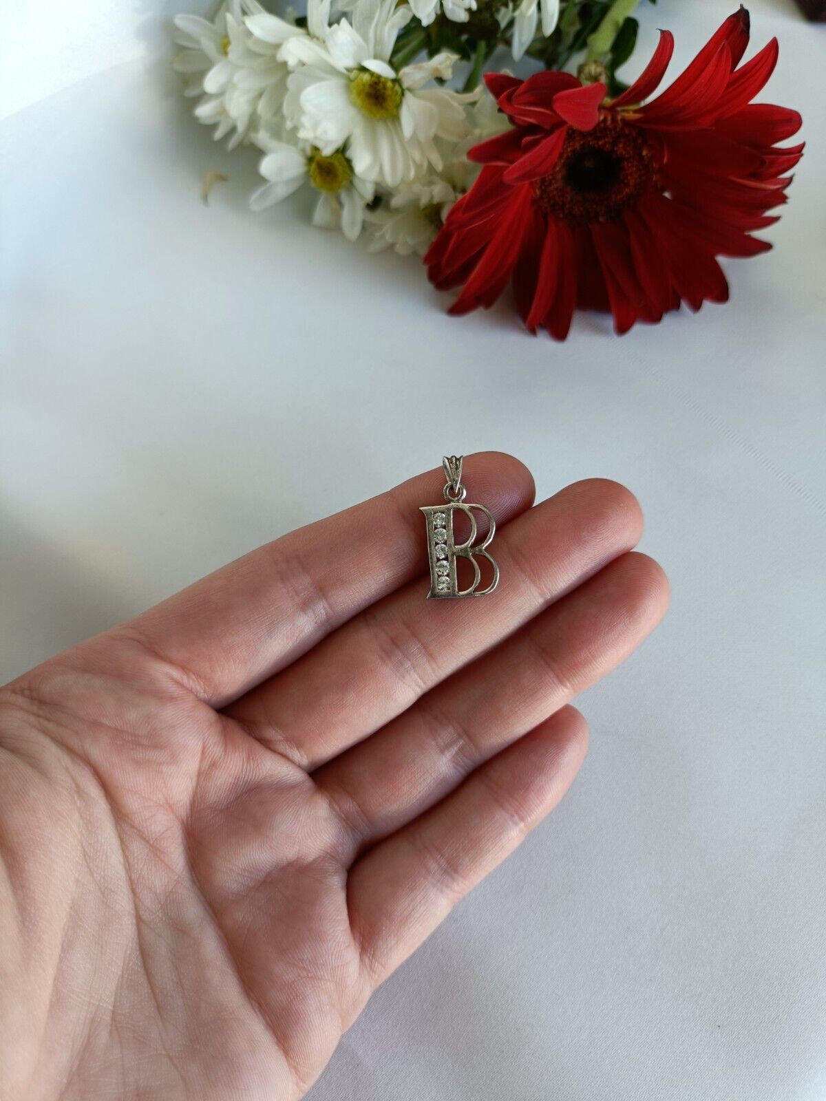 925 Sterling Silver & Clear Stone B Initial Letter Pendant