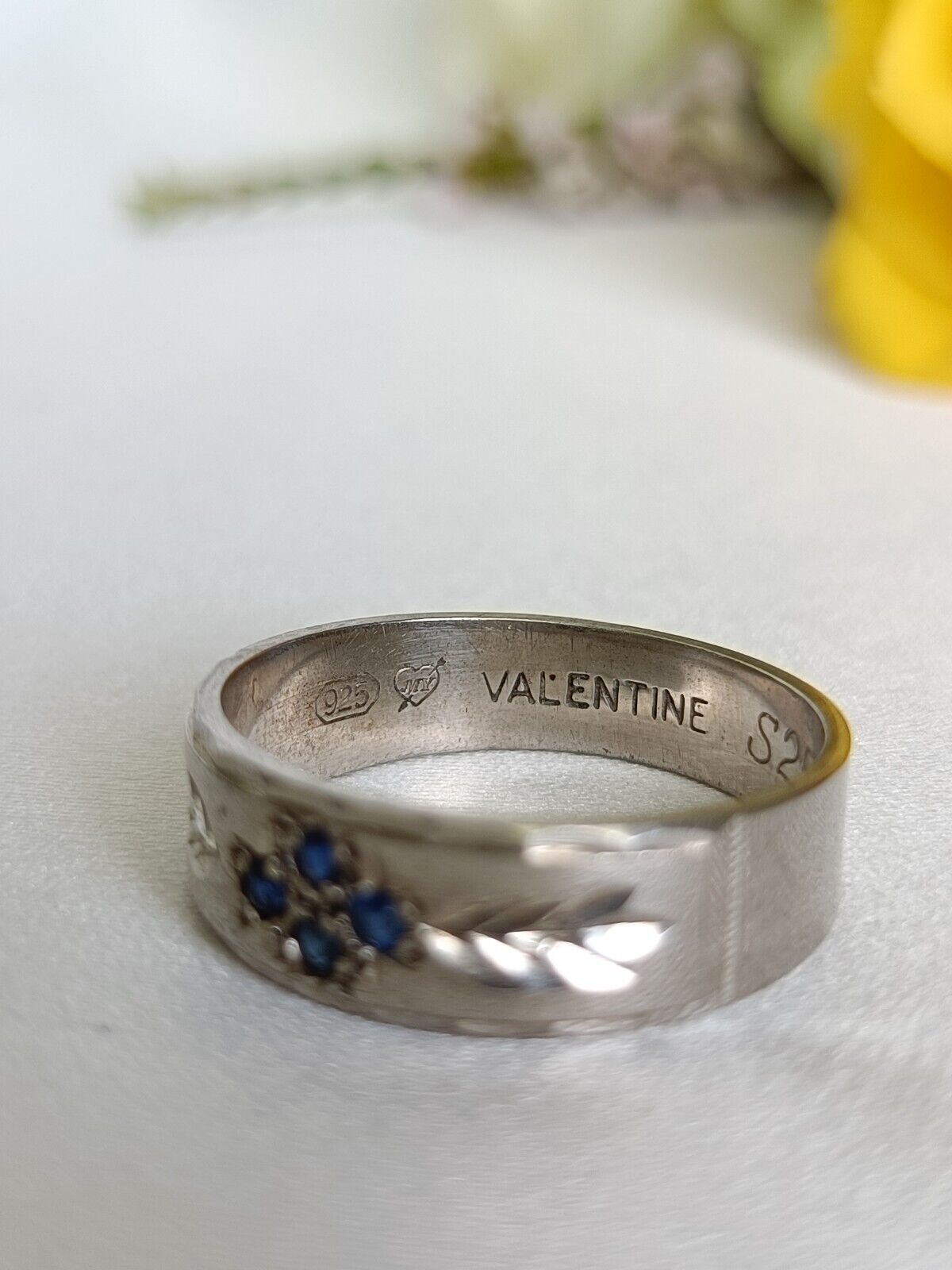 Vintage 925 Sterling Silver MY VALENTINE blue Sapphire Etched Ring Size 7 3/4