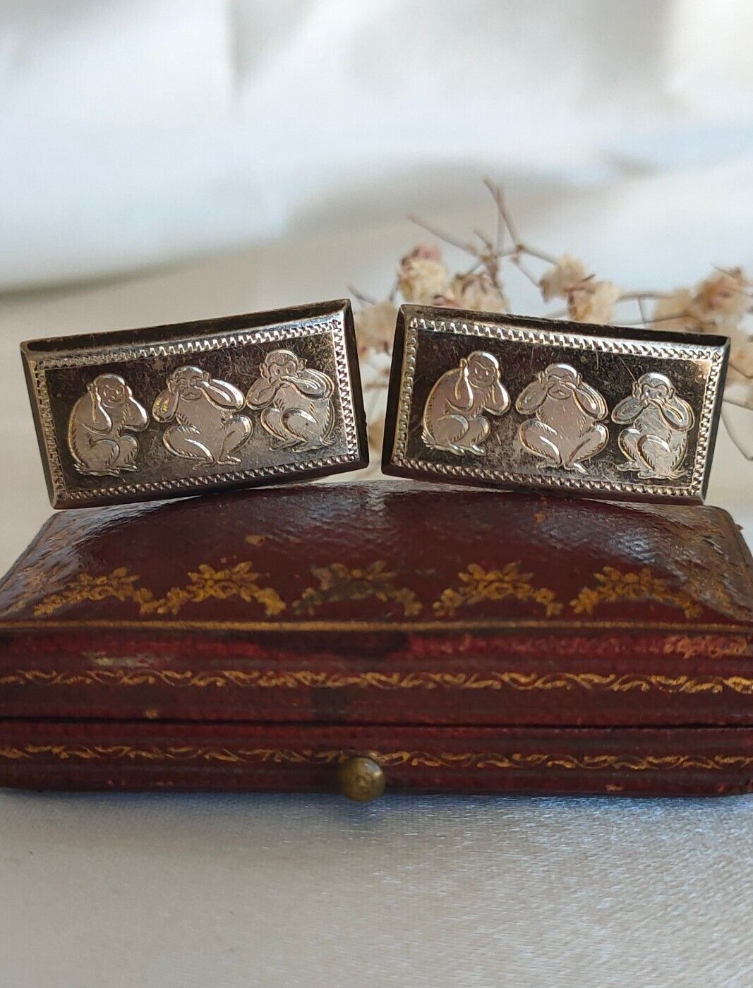 Vintage Oriental 950 sterling silver three wise monkeys Toggle cufflinks