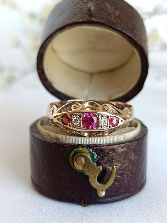 Antique Edwardian Chester 1910c Ruby & Diamond Gypsy Boat Ring Size 8 US Or P UK